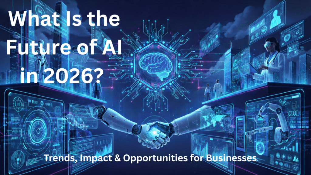 Future of AI in 2026 showing artificial intelligence transforming business, jobs, and technology